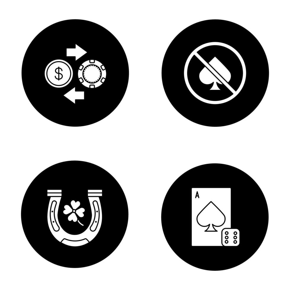 Conjunto de iconos de glifo de casino. herradura, trébol de cuatro hojas, fichas de casino y cambio de moneda real, no se permiten juegos de azar, naipes con dados. ilustraciones de siluetas blancas vectoriales en círculos negros vector