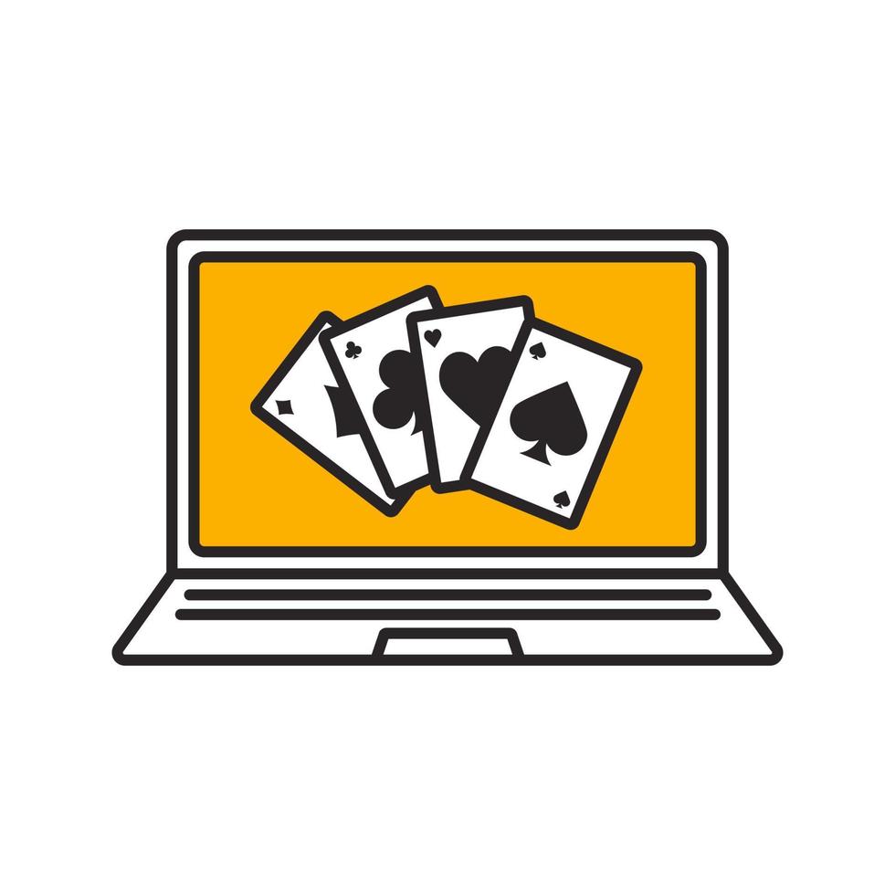 Online casino color icon. Laptop display with four aces. Isolated vector illustration