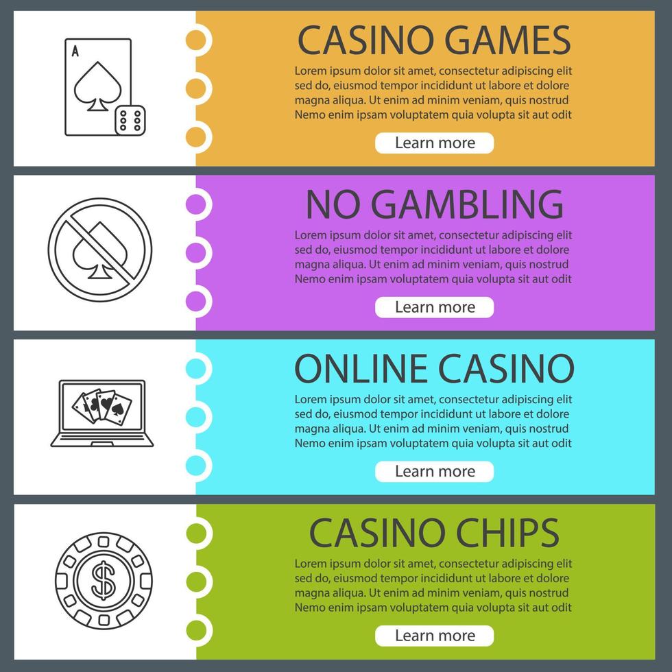 Casino web banner templates set. Card game, gambling prohibition, online poker, casino chip. Website color menu items with linear icons. Vector headers design concepts