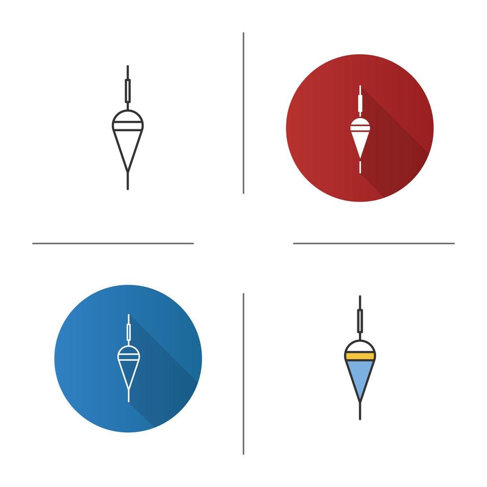 Fishing float icons set. Flat design, linear, black and color styles. Bobber. Angling equipment. Isolated vector illustrations