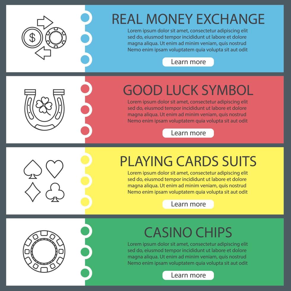 Casino web banner templates set. Real money exchange, good luck symbol, playing cards suits, casino chip. Website color menu items with linear icons. Vector headers design concepts