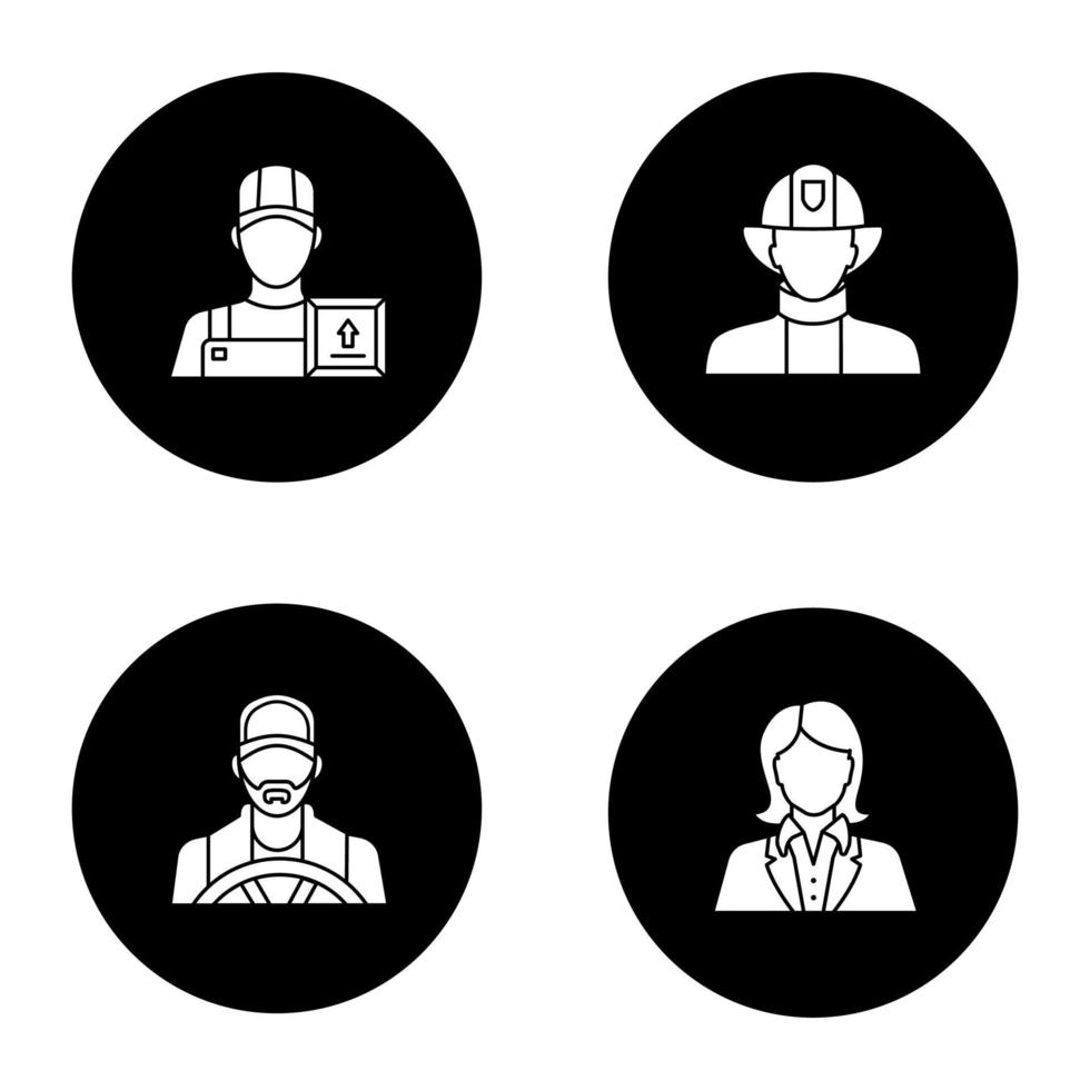 Professions glyph icons set. Occupations. Firefighter, loader man, secretary, office worker, driver. Vector white silhouettes illustrations in black circles