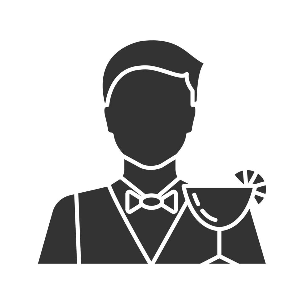 Barman glyph icon. Bartender, barkeeper. Silhouette symbol. Negative