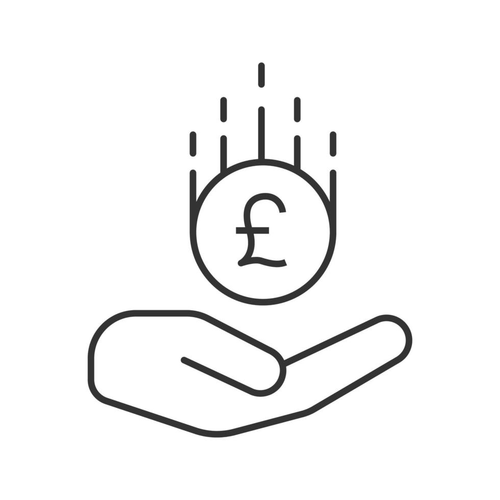 Open hand with British pound linear icon. Thin line illustration. Saving money. Contour symbol. Vector isolated outline drawing