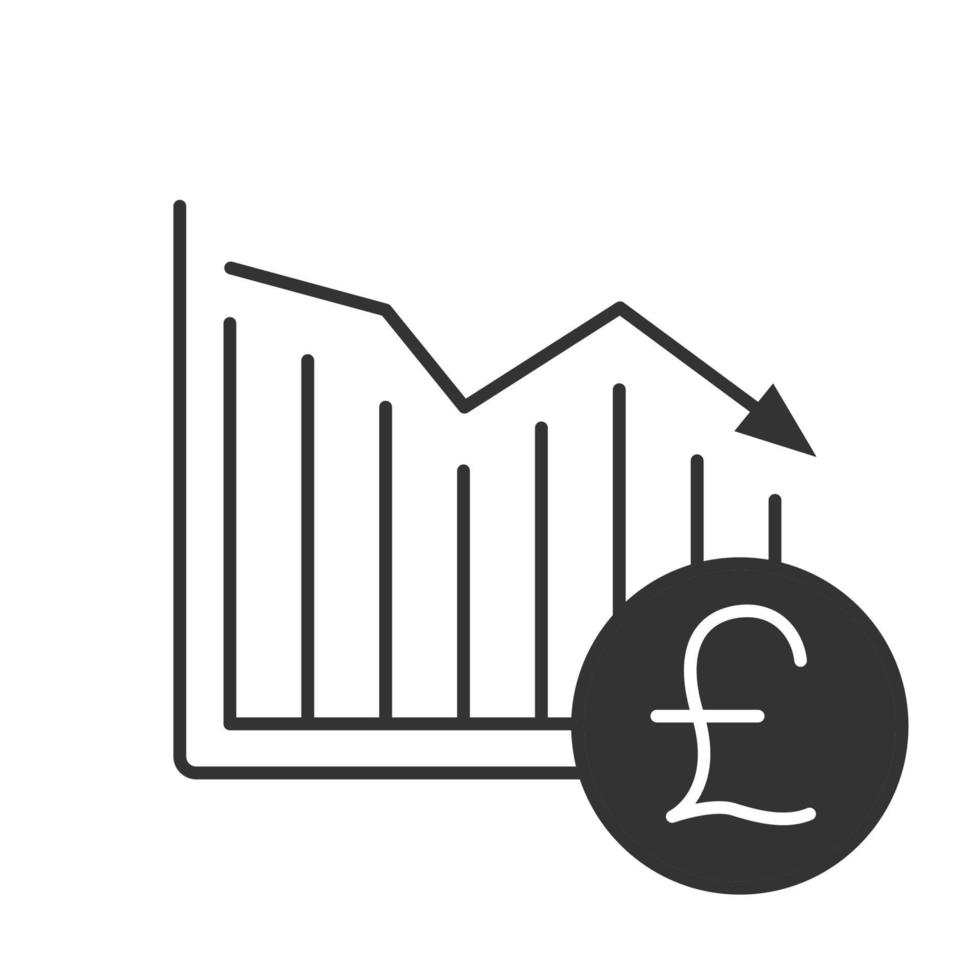 British pound falling glyph icon. Financial collapse. Silhouette symbol. Statistics diagram with gbp sign. Negative space. Vector isolated illustration