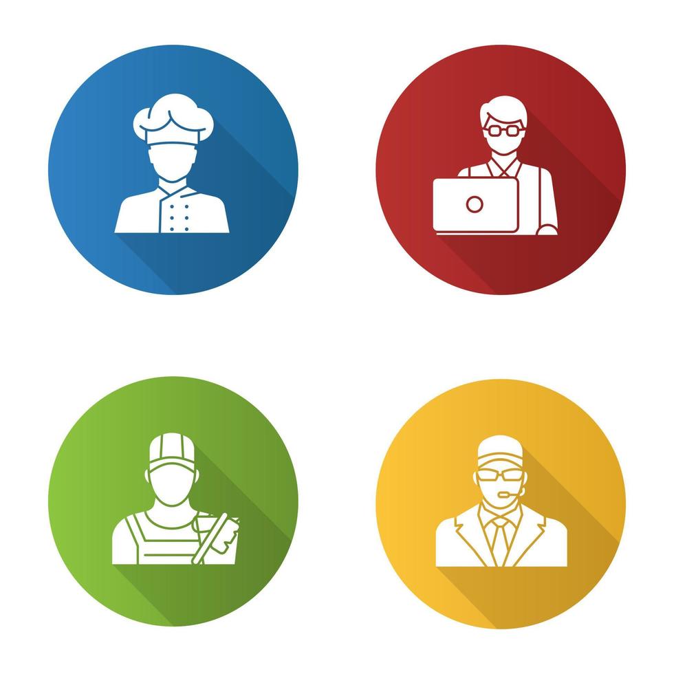 Professions flat design long shadow glyph icon. Occupations. Bodyguard, cleaner, IT technologist, freelancer, cook. Vector silhouette illustration