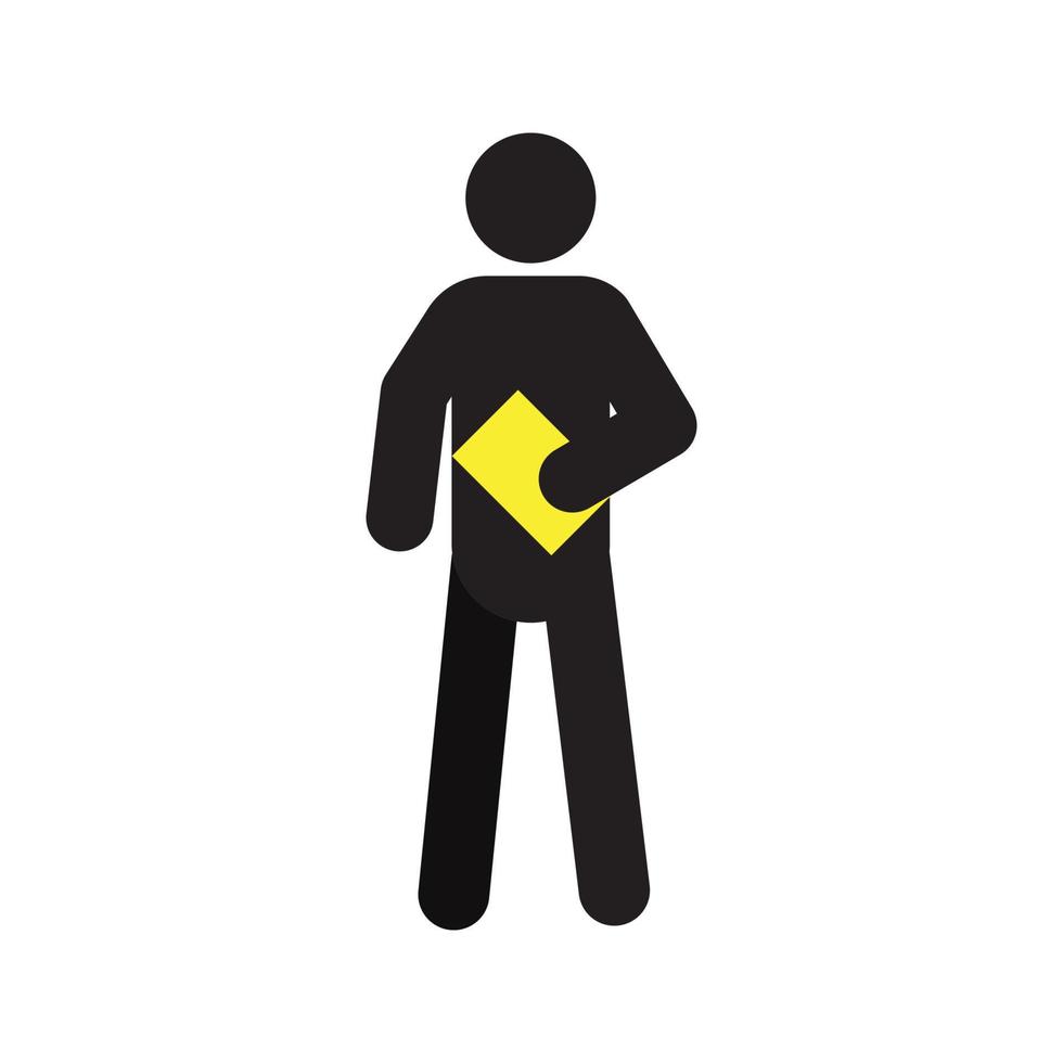 Standing man with book silhouette icon. Distributing flyers. Waiting person. Isolated vector illustration