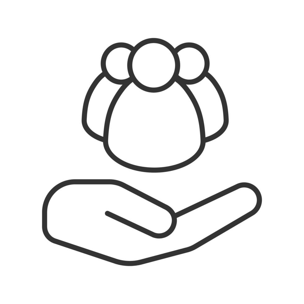 Open hand with group of people linear icon. Society care. Thin line illustration. Community. Contour symbol. Vector isolated outline drawing