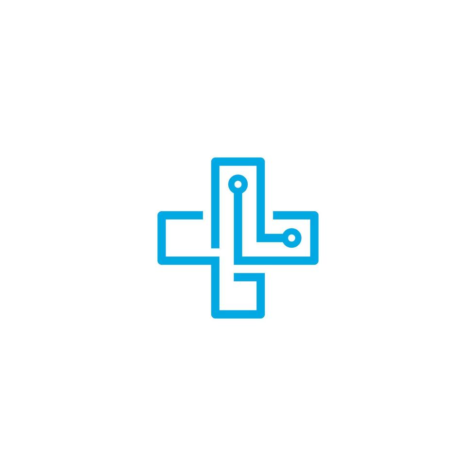 Cruz médica y tecnología de diseño de logotipo o icono. vector