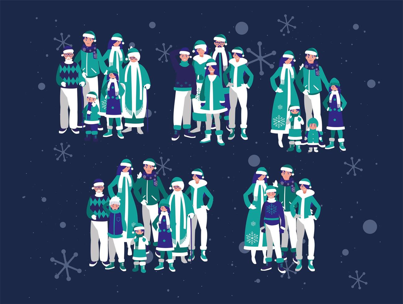 feliz navidad familias y copos de nieve diseño vectorial vector