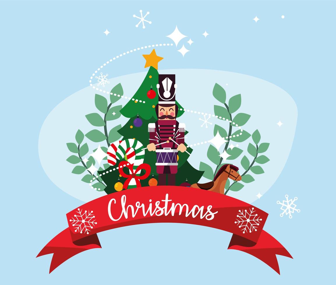 Merry christmas nutcracker and pine tree vector design