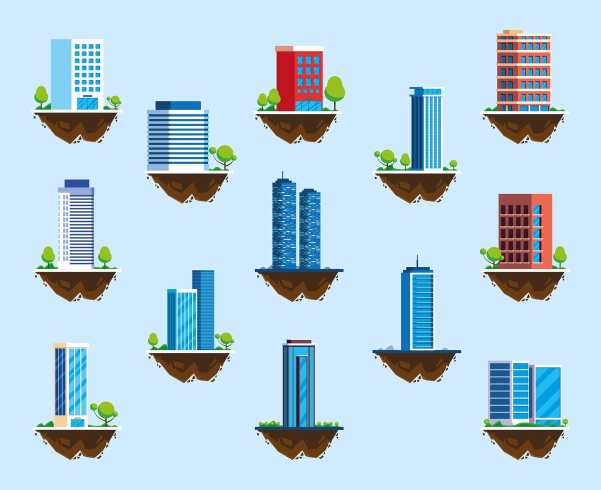 conjunto de iconos de edificios sobre terreno, paisaje urbano vector