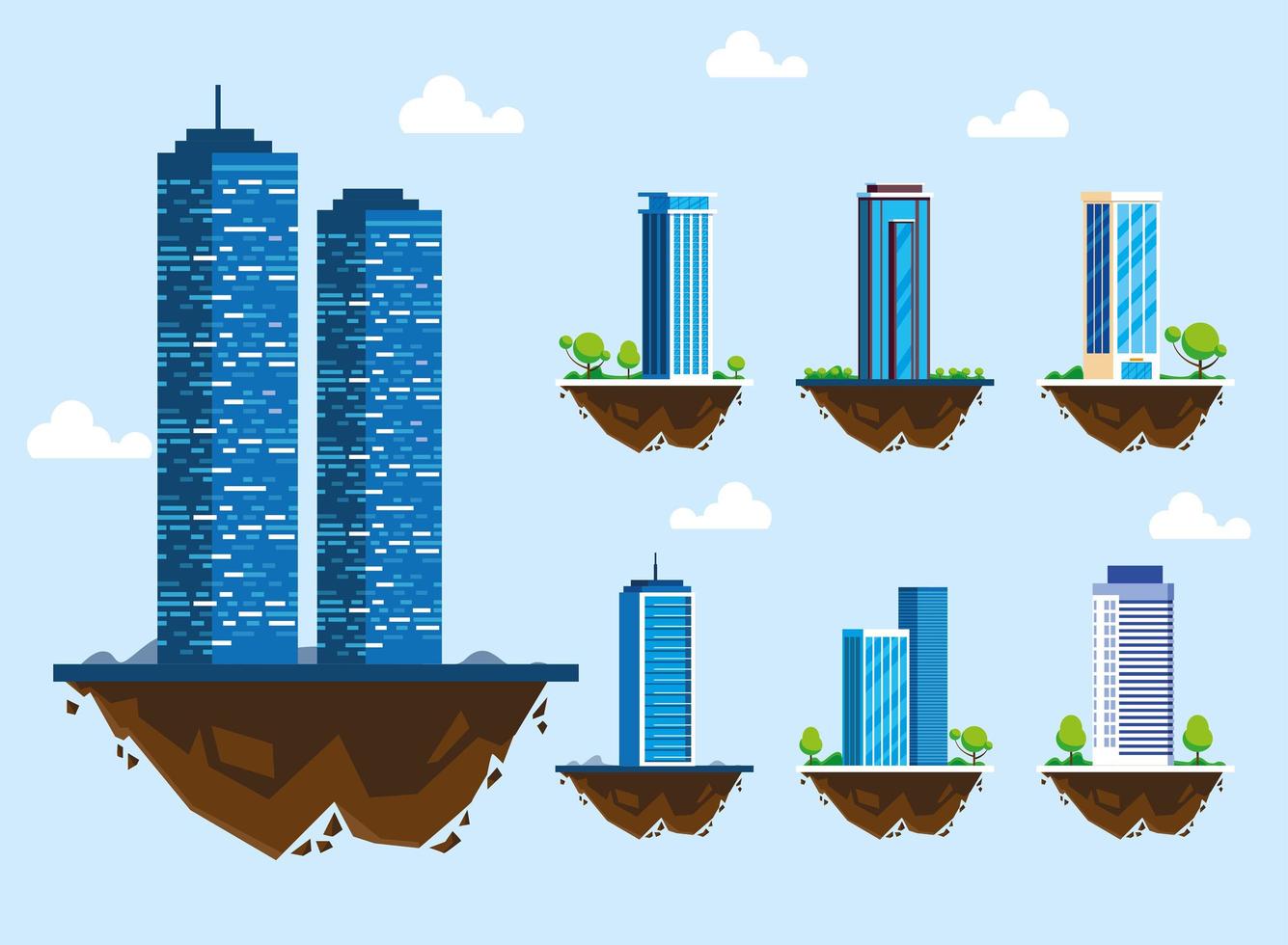 set of icons of buildings over terrain, urban landscape vector