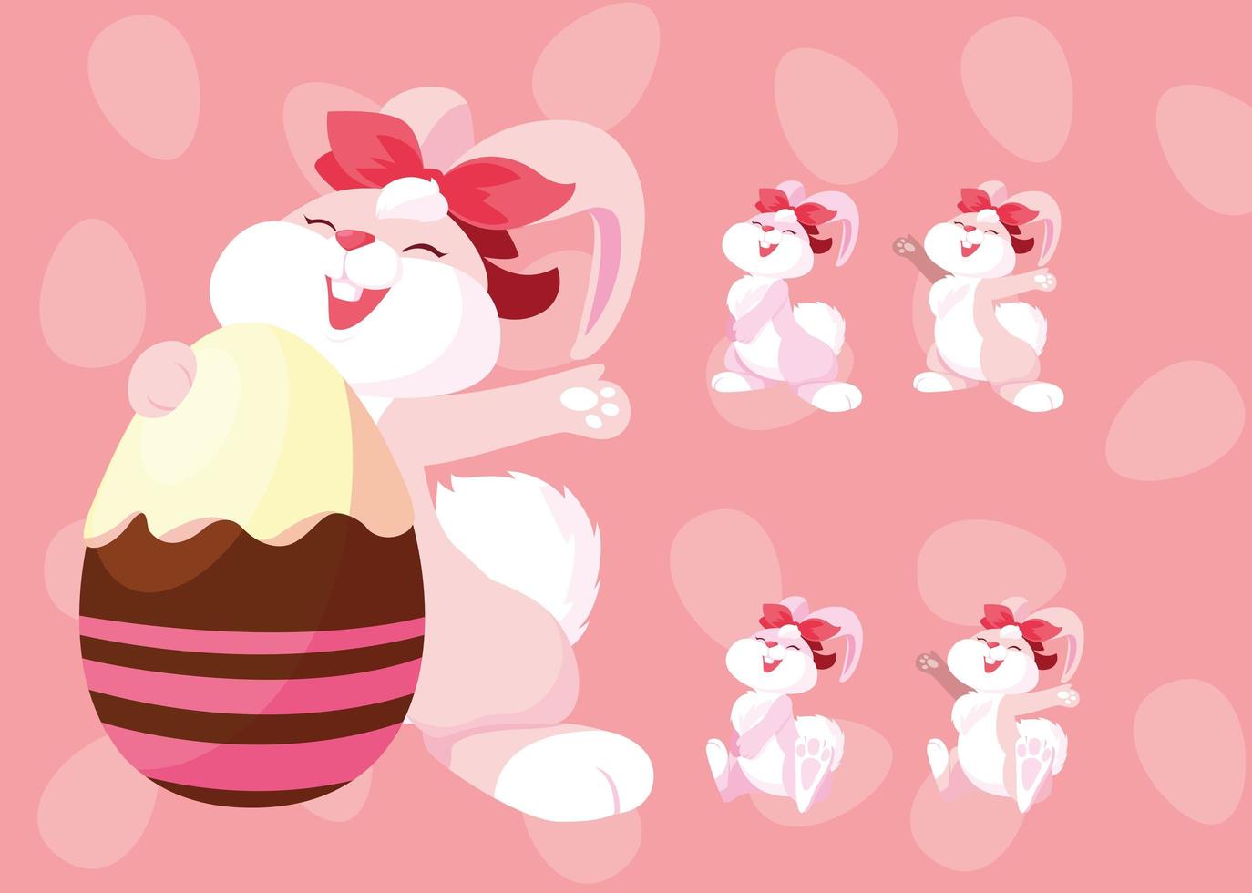 set of bunnies with easter eggs, happy easter vector