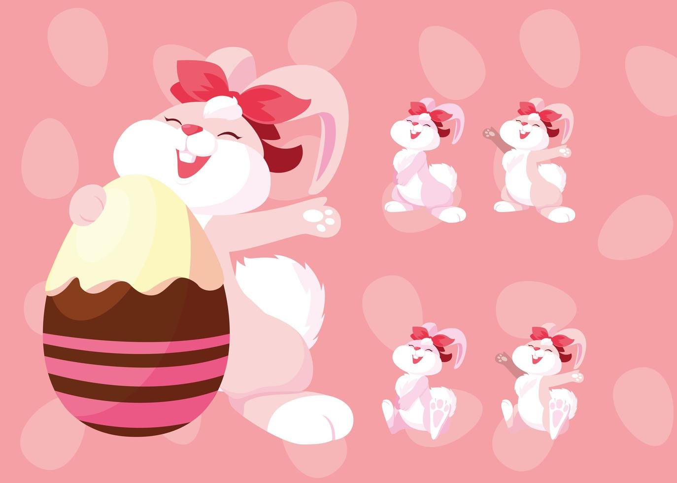 conjunto de conejitos con huevos de pascua, felices pascuas vector