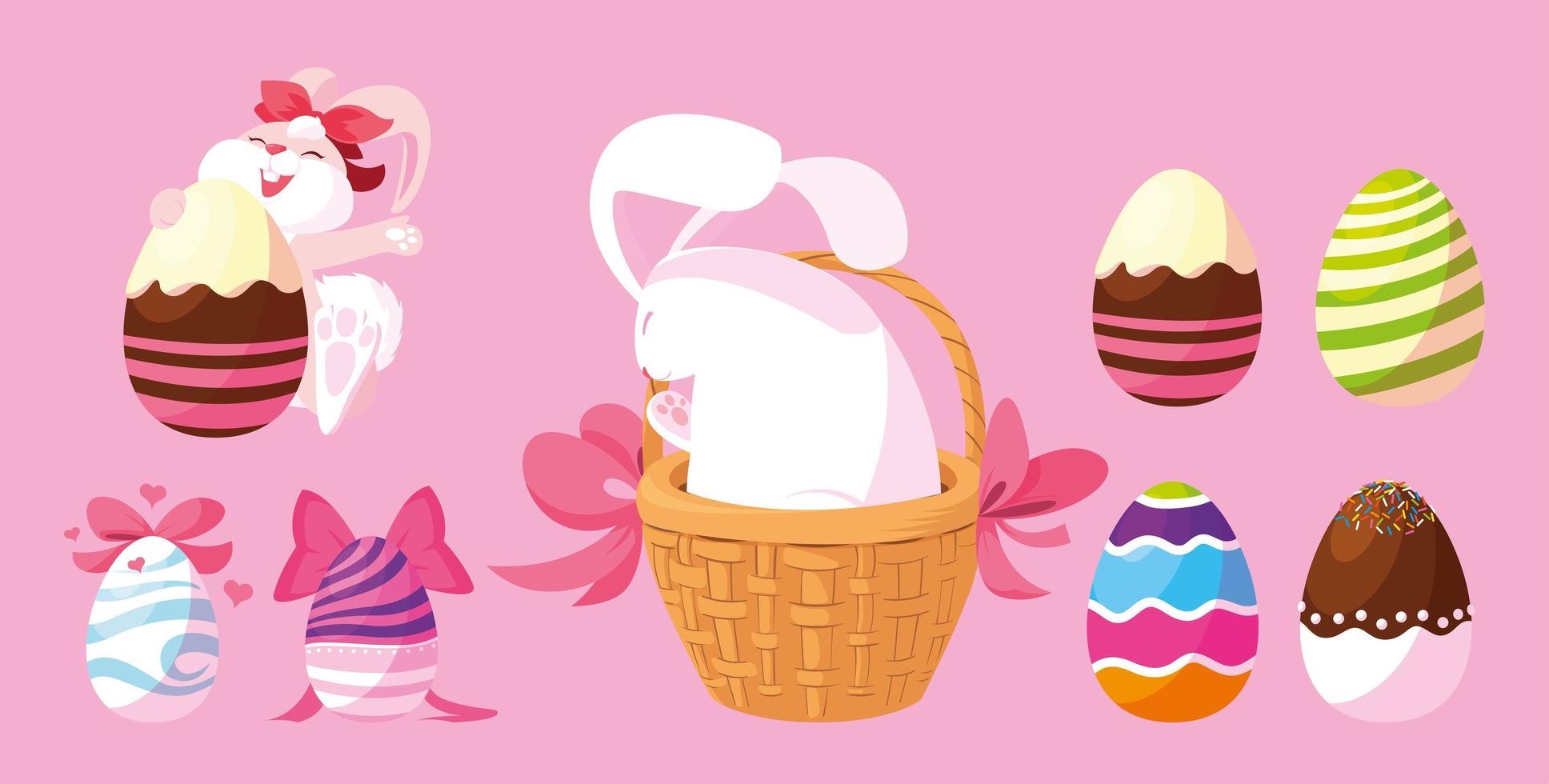 set of bunnies with easter eggs, happy easter vector