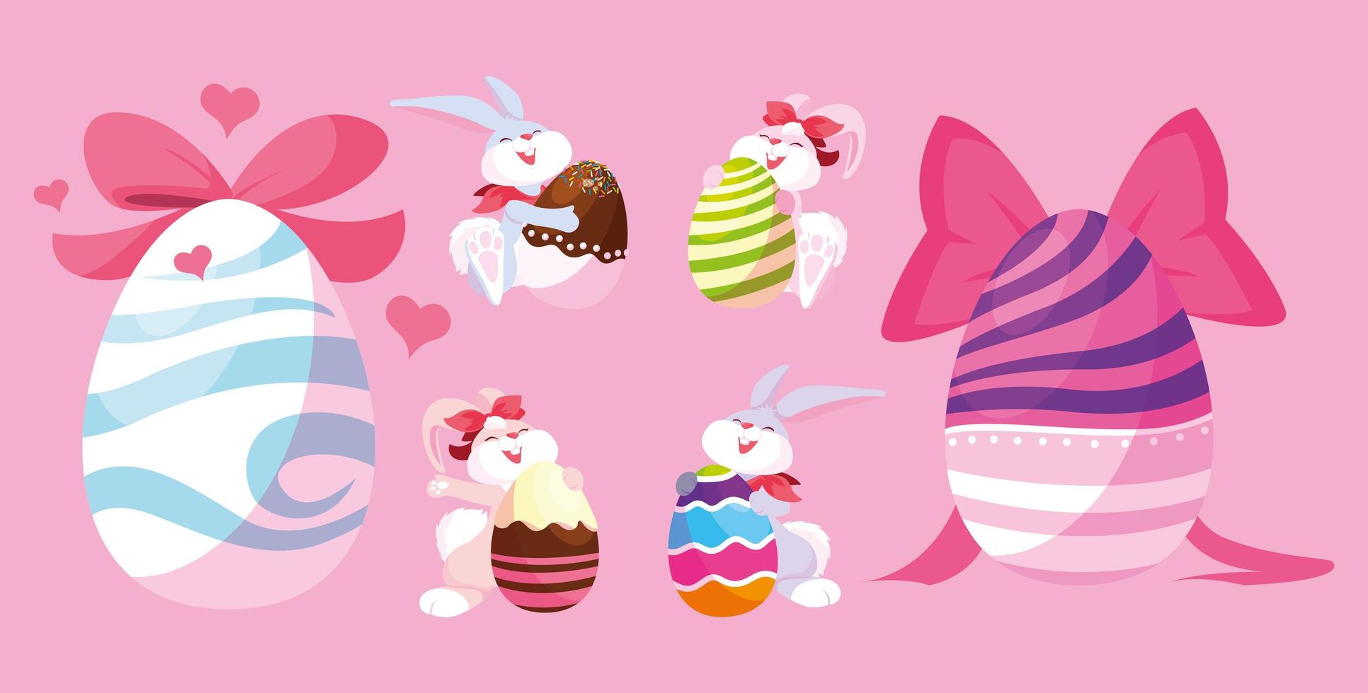 conjunto de conejitos con huevos de pascua, felices pascuas vector