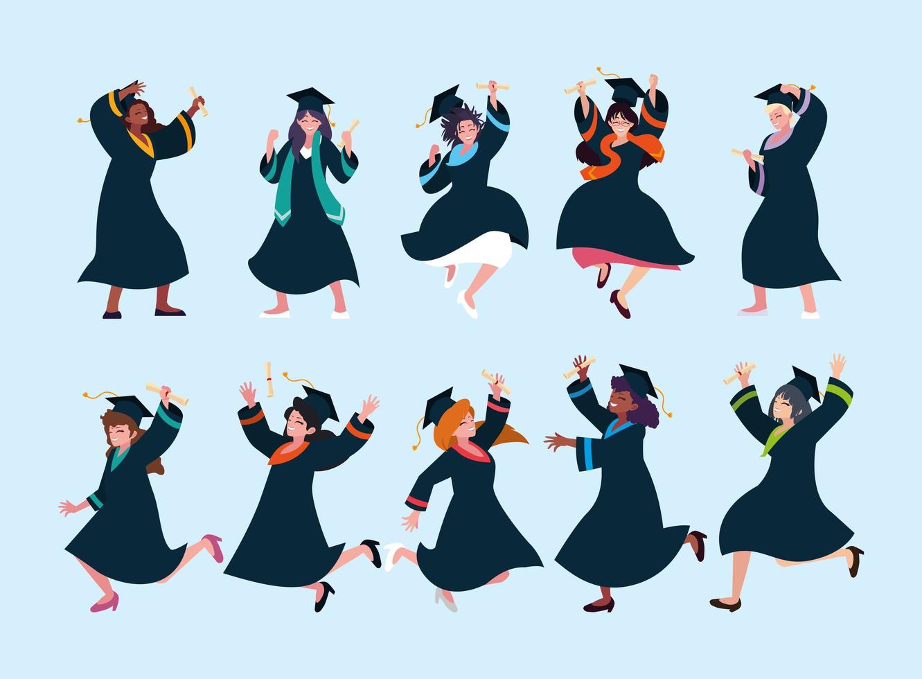 set of woman students, university graduation vector