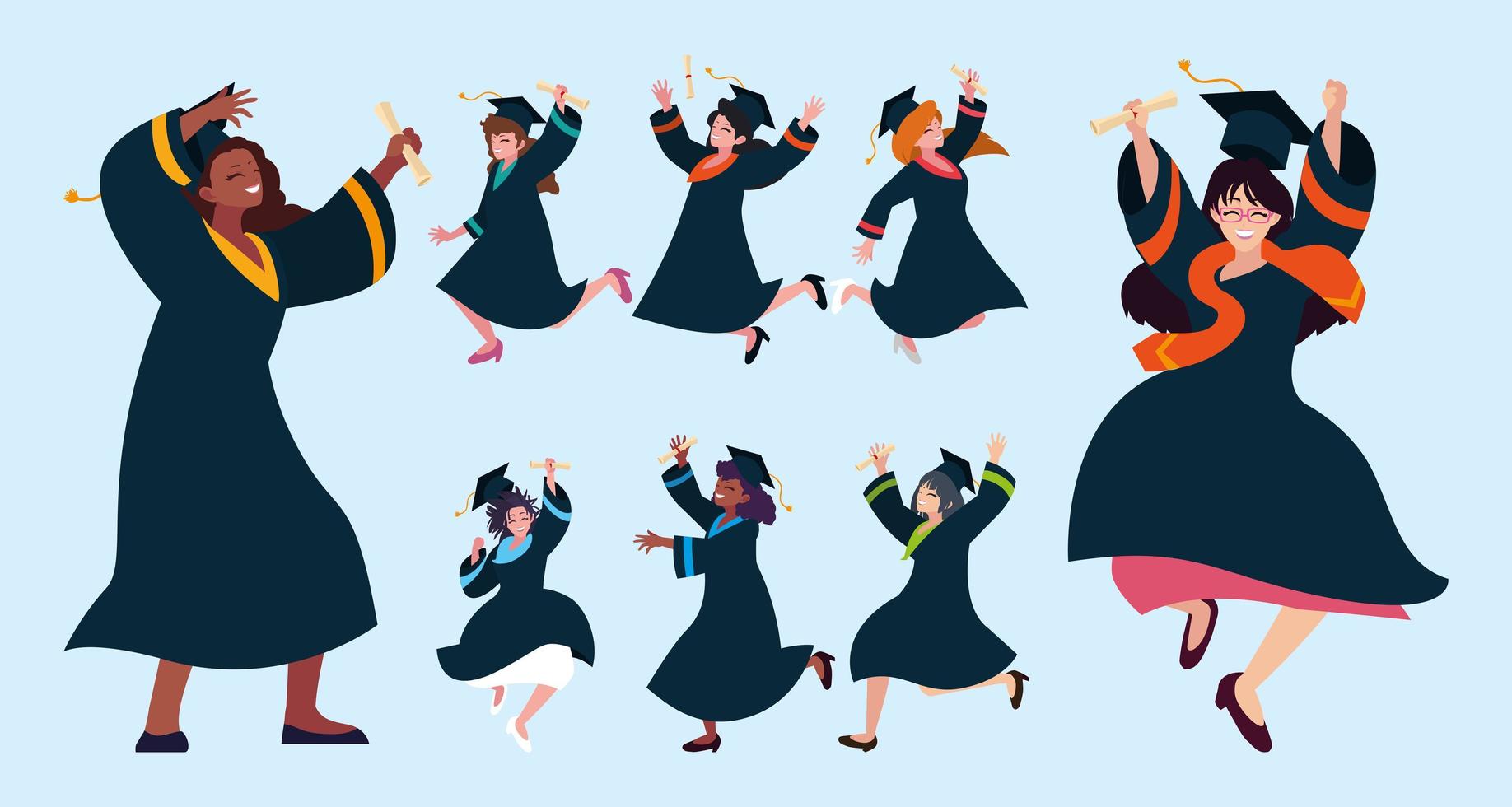 set of woman students, university graduation vector