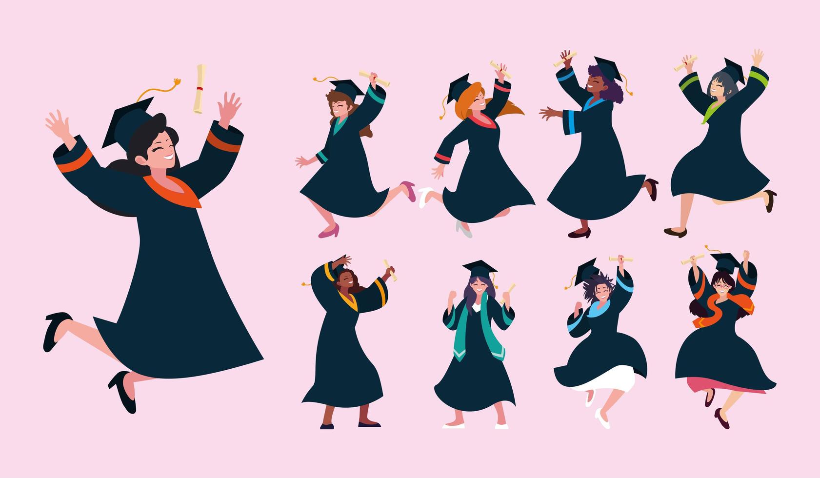 set of woman students, university graduation vector