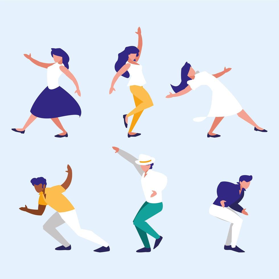 Set of women and men doing dancing positions vector design