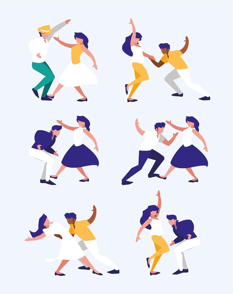 Set of women and men doing dancing positions vector design