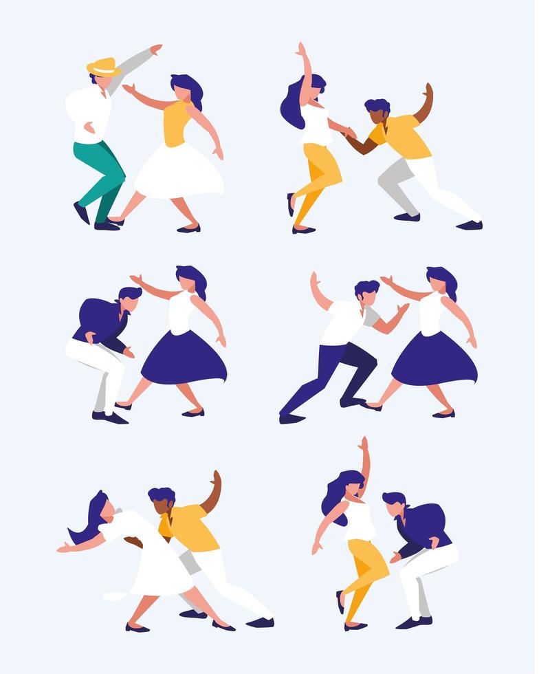 Set of women and men doing dancing positions vector design