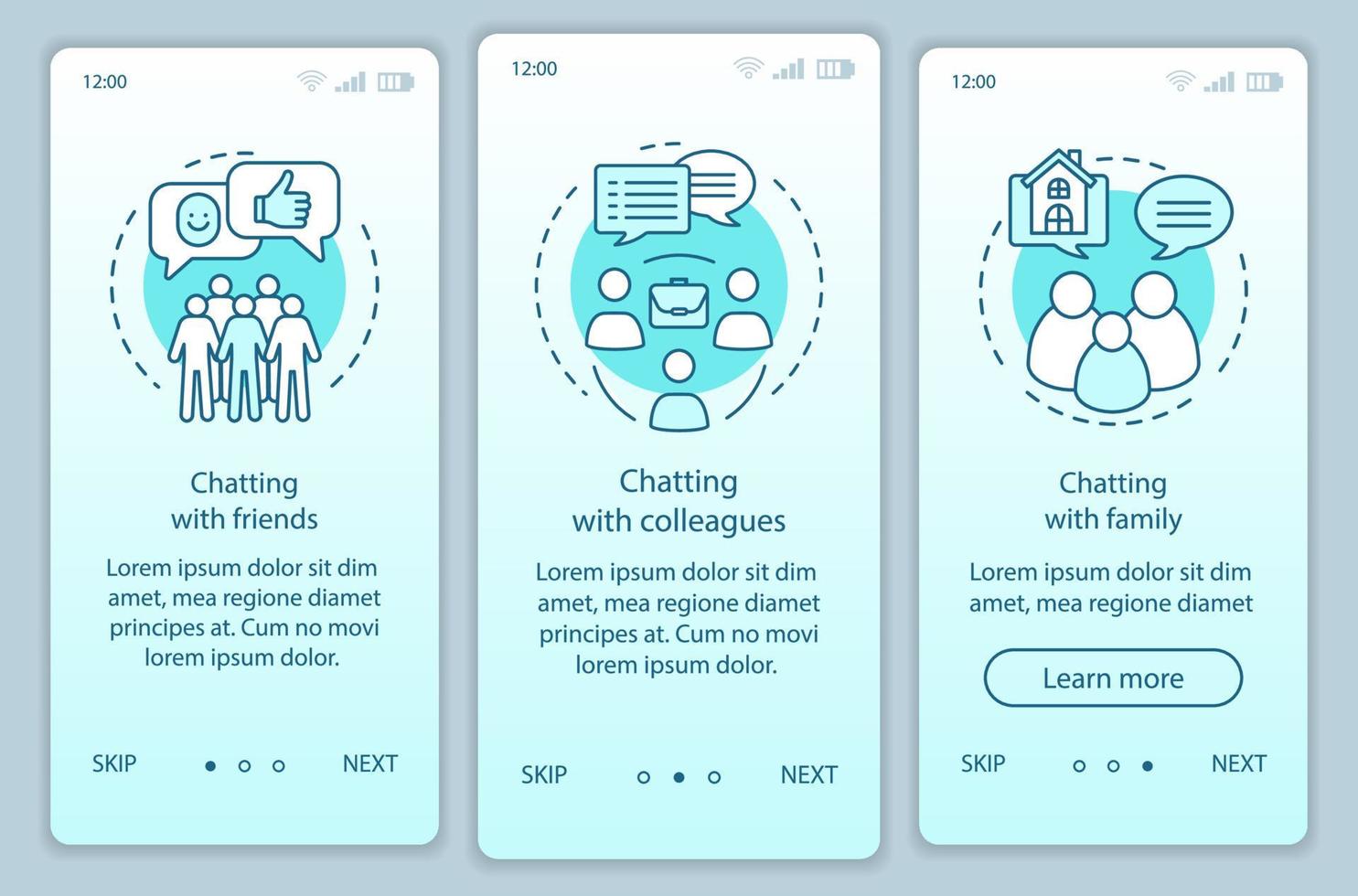 Chatting people onboarding mobile app page screen with linear concepts. Chat with friends, colleagues, family. Walkthrough steps graphic instructions. UX, UI, GUI vector template with illustrations