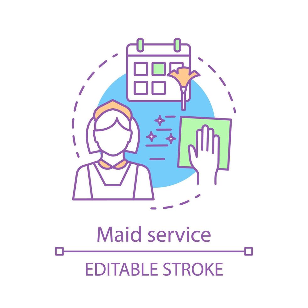 Maid service concept icon. House service idea thin line illustration. Apartment cleanup. Housekeeping. Dusting. Sweeping, mopping. Janitorial service. Vector isolated outline drawing. Editable stroke