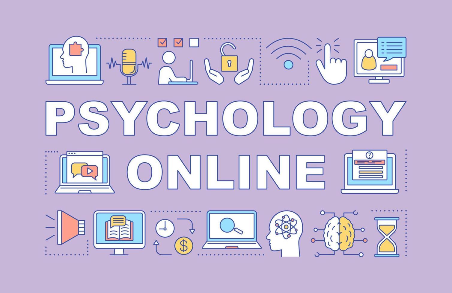 Psychology online word concepts banner. Chat with therapists. Mental health help. Presentation, website. Isolated lettering typography idea with linear icons. Vector outline illustration