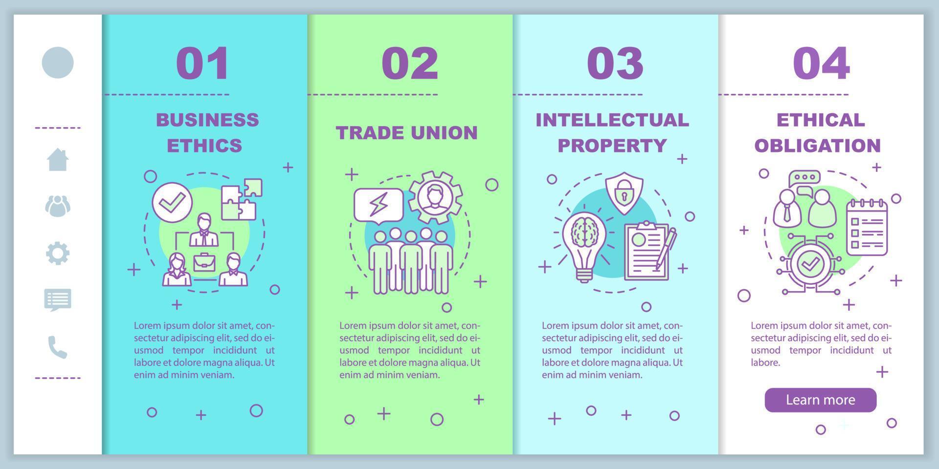 Business ethics onboarding mobile web pages vector template. Corporate policy. Responsive smartphone website interface idea with linear illustrations. Webpage walkthrough step screens. Color concept