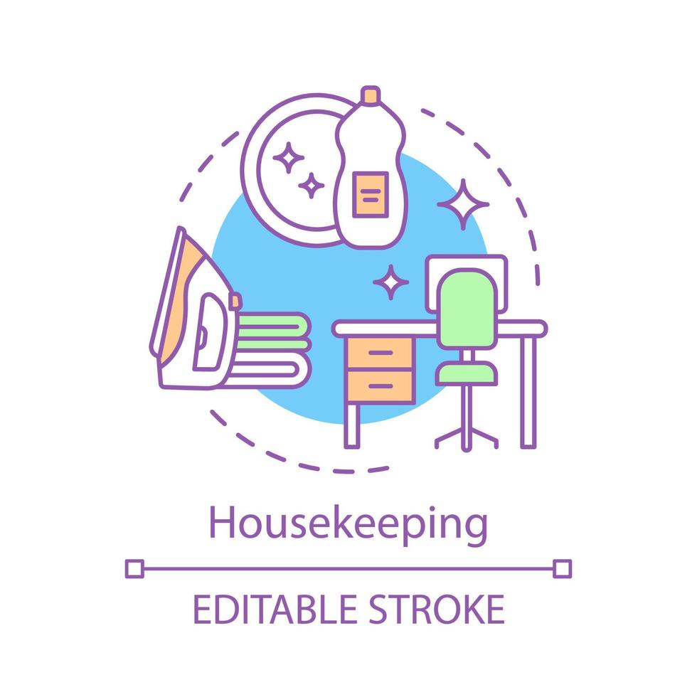 Housekeeping concept icon. House service idea thin line illustration. Ironing. Mirrors wiping. Home and computer storage systems maintenance. Vector isolated outline drawing. Editable stroke