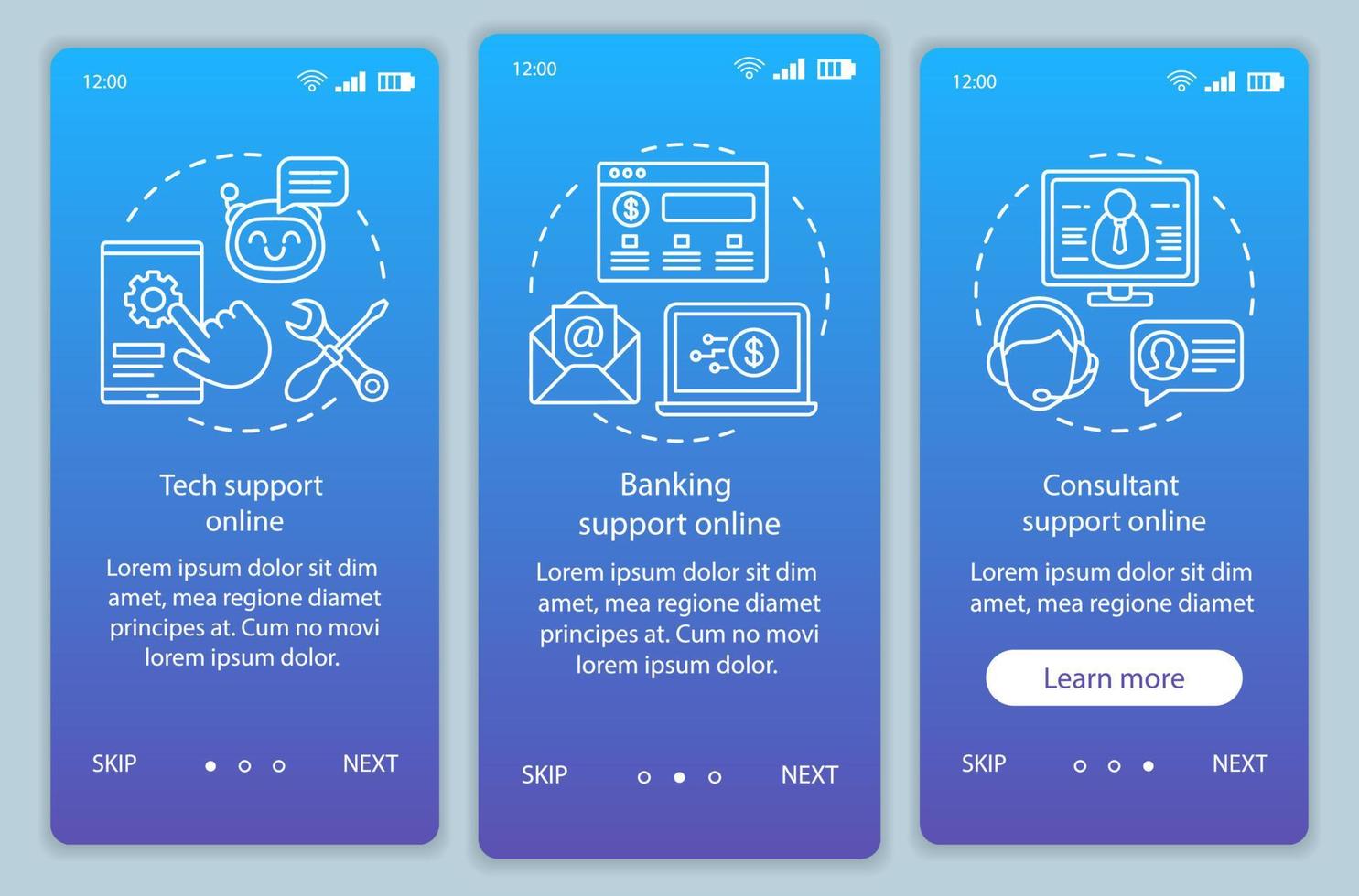 Plantilla de vector de pantalla de página de aplicación móvil de incorporación de soporte al cliente en línea. servicios en línea. paso a paso del sitio web con ilustraciones lineales. concepto de interfaz de teléfono inteligente ux, ui, gui