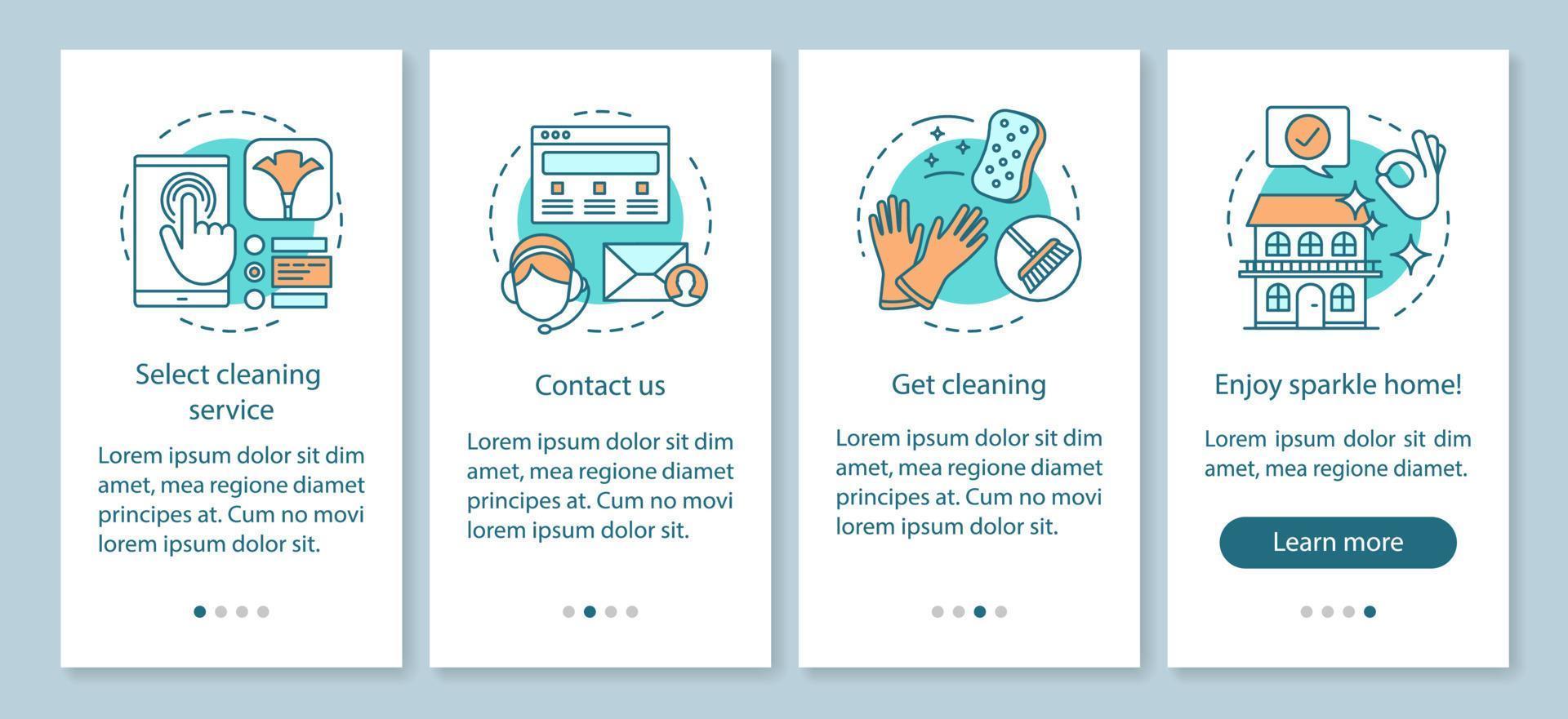 Cleaning service booking onboarding mobile app page screen, linear concepts. Cleanup company. Sparkle home. Four walkthrough steps graphic instructions. UX, UI, GUI vector template with illustrations