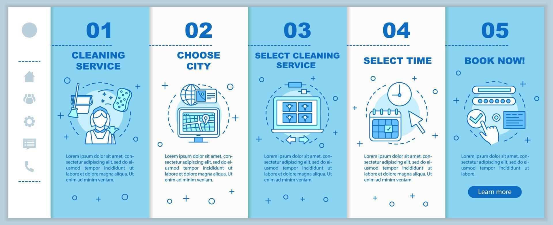 Cleaning service booking onboarding mobile web pages vector template. Online form filling. Responsive smartphone website interface idea, illustration. Webpage walkthrough step screen. Color concept