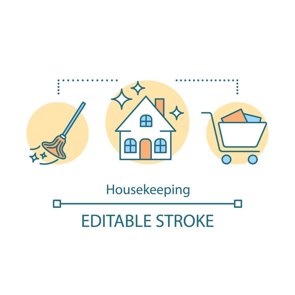Housekeeping concept icon. House service idea thin line illustration. Yard cleanup. Garbage removal. Home maintenance. Sweeping, mopping, wiping. Vector isolated outline drawing. Editable stroke