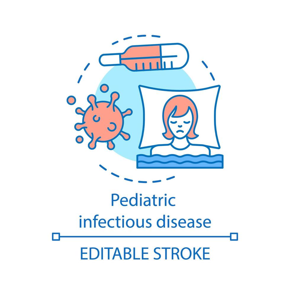 Pediatric infectious disease concept icon. Bacterial and viral infection. Hyperthermia, asthenia. Children health care service idea thin line icon. Vector isolated outline drawing. Editable stroke