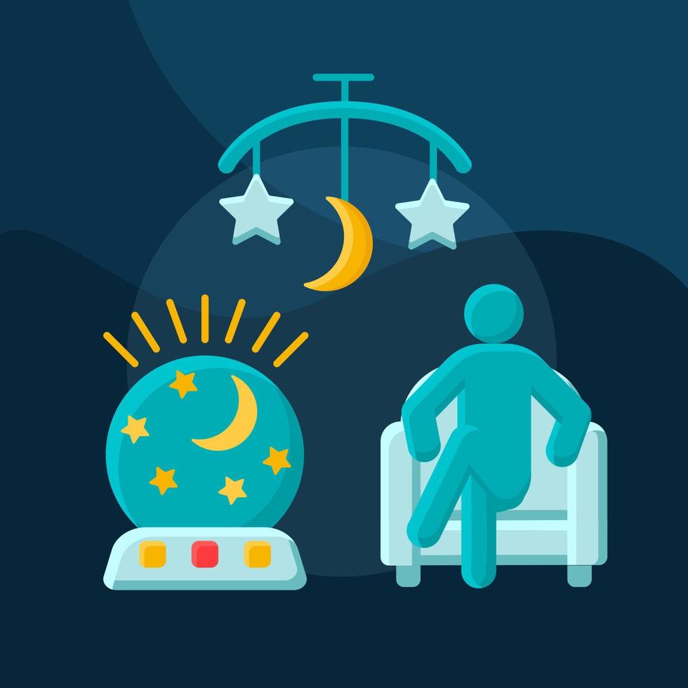 Night, evening babysitting flat concept vector icon. Child, newborn, infant care idea cartoon color illustrations set. Nanny, babysitter at home. Isolated graphic design element