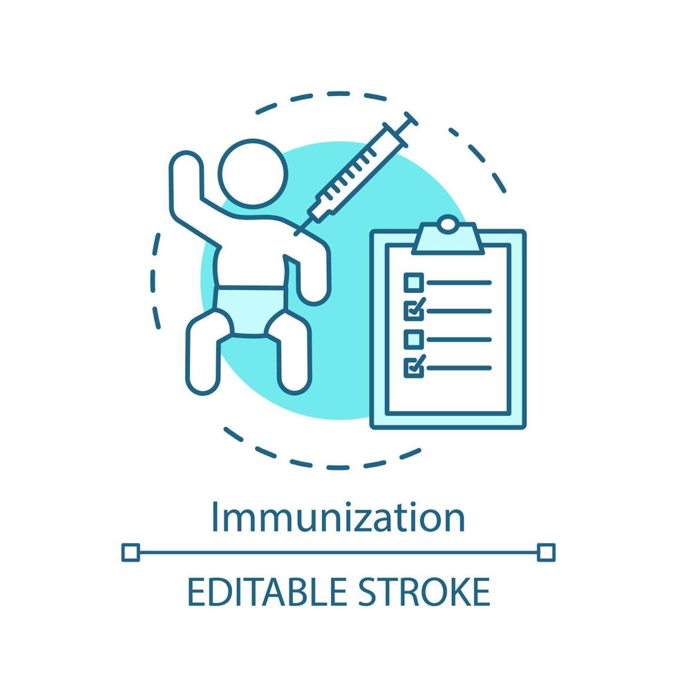 Immunization concept icon. Immune system protection. Kid vaccine. Infection tolerance. Vaccination idea thin line illustration. Vector isolated outline drawing. Editable stroke