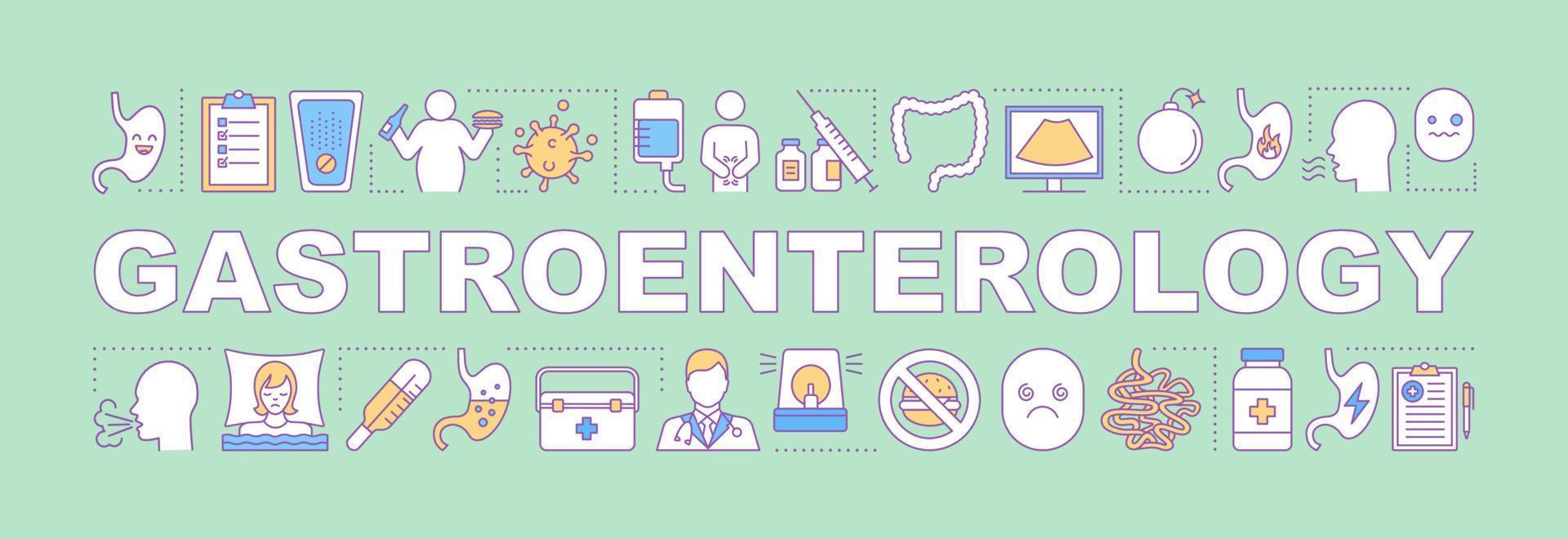 Gastroenterology word concepts banner. Gastrointestinal diseases. Stomach examinations and treatment. Presentation, website. Isolated lettering typography idea with icons. Vector outline illustration