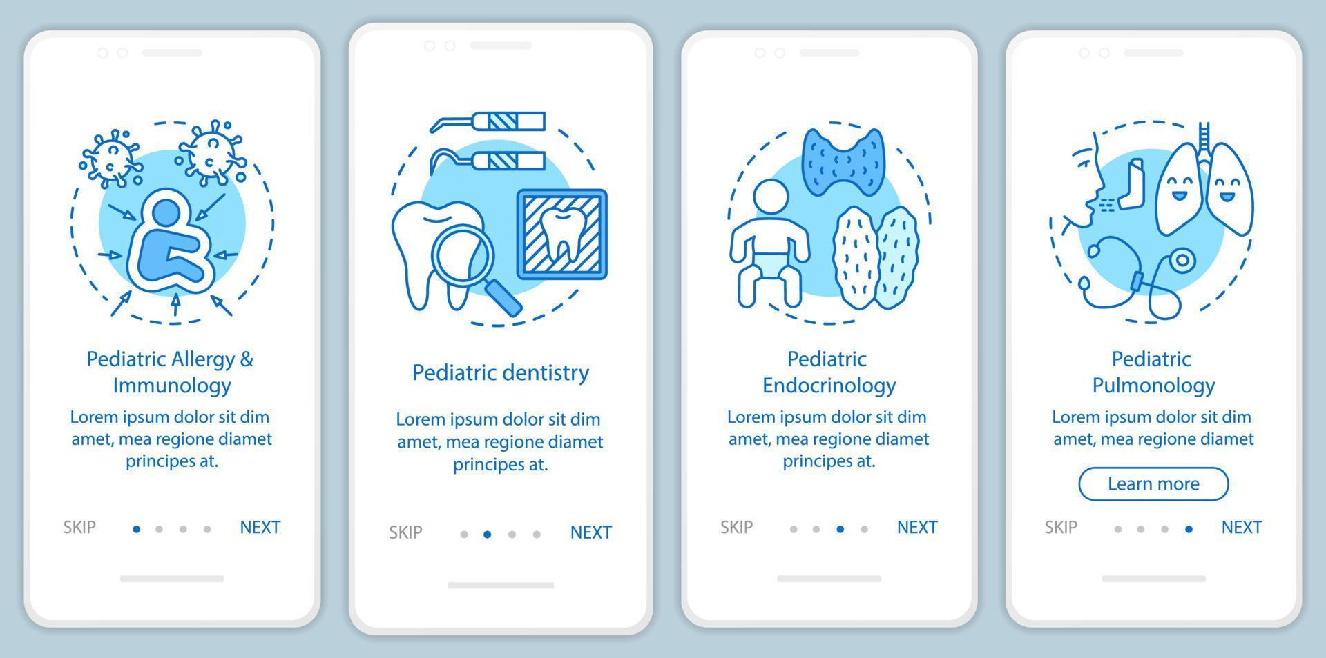 Pediatric services onboarding mobile app page screen with linear concepts. Immunology, endocrinology, pulmonology walkthrough steps graphic instructions. UX, UI, GUI vector template with illustrations