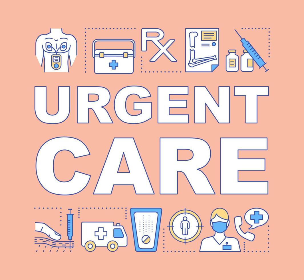 Urgent care word concepts banner. First aid, ambulance, emergency assistance, 24-hours support. Presentation, website. Isolated lettering typography idea with linear icons. Vector outline illustration