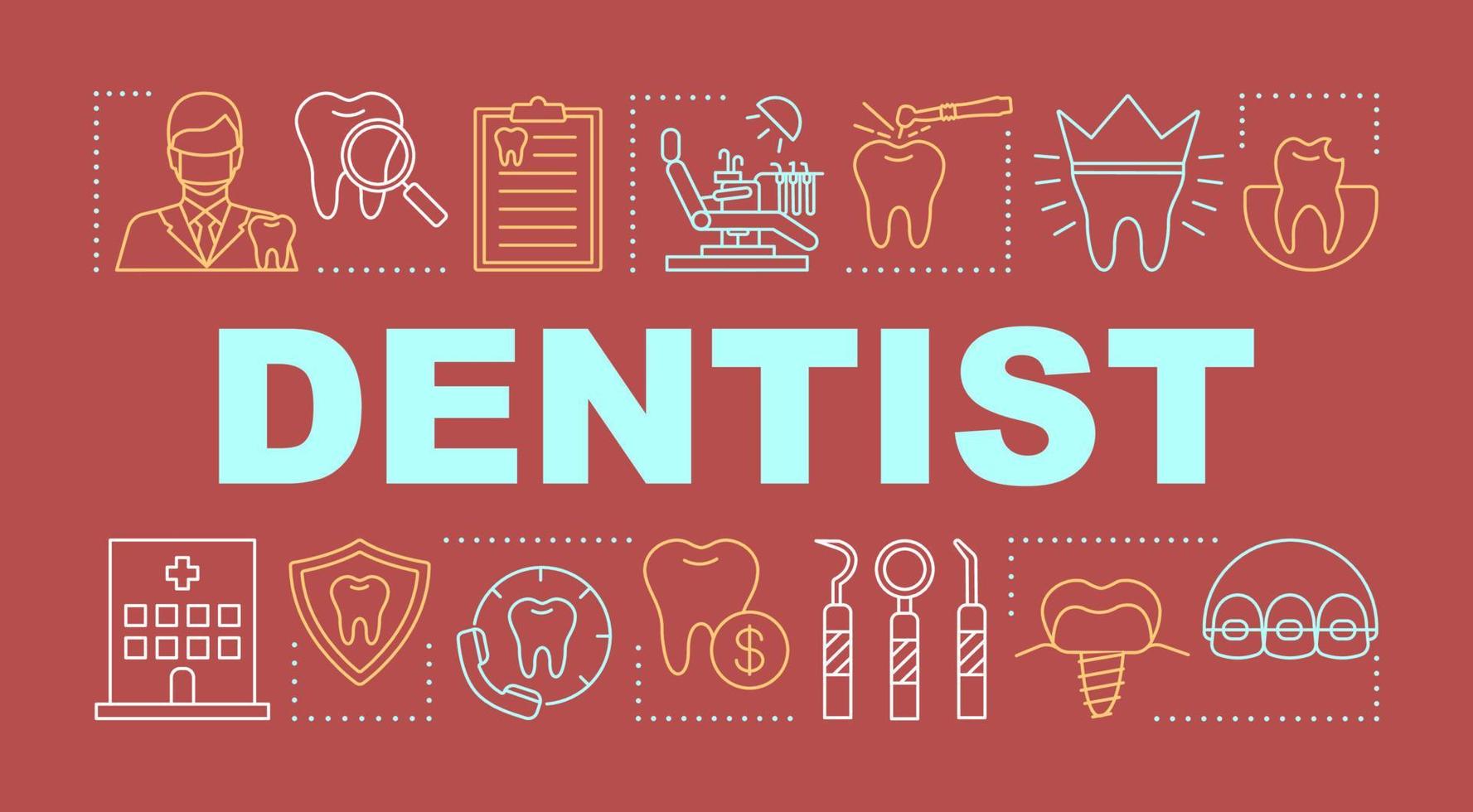 banner de conceptos de palabra de dentista. cuidado dental, odontología, prevención de caries, chequeo, diente. presentación, sitio web. idea de tipografía de letras aisladas con iconos lineales. ilustración de contorno vectorial vector