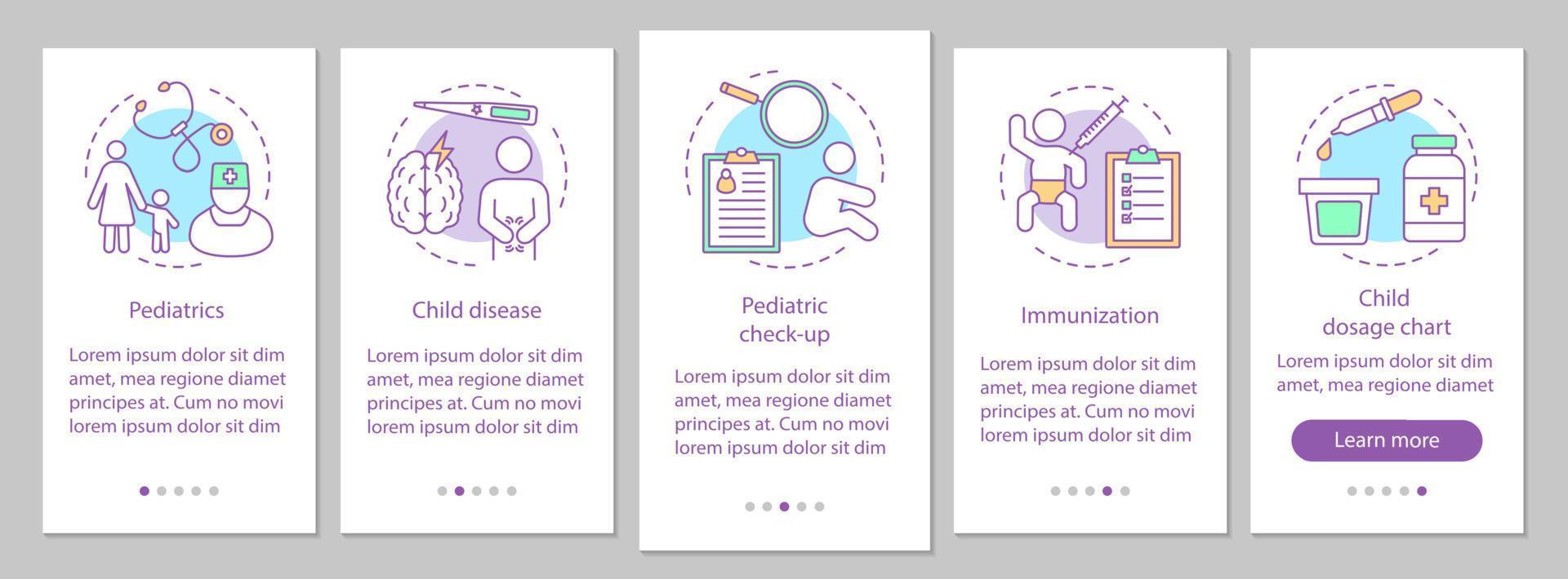 Pantalla de la página de la aplicación móvil de incorporación de pediatría con conceptos lineales. enfermedad infantil, chequeo, inmunización, tabla de dosificación pasos paso a paso instrucciones gráficas. ux, ui, plantilla de vector de interfaz gráfica de usuario con iconos