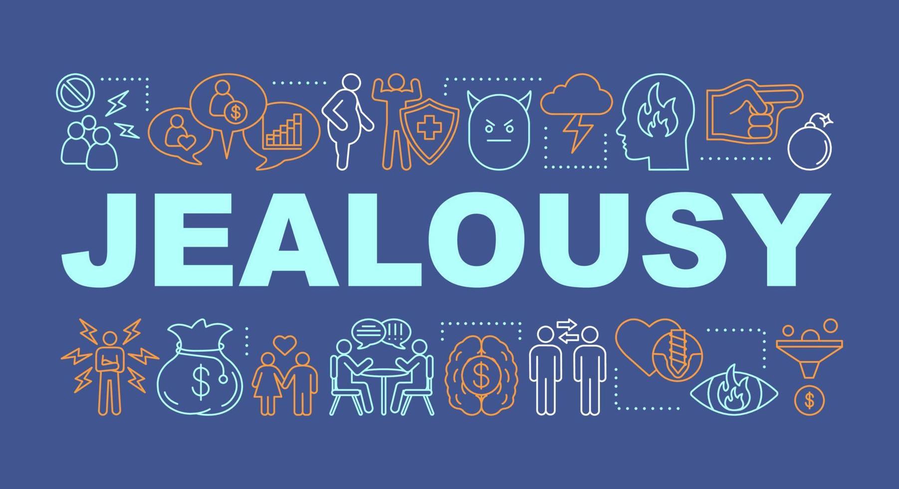 Jealousy word concepts banner. Break up. Presentation, website. Difficult relationship. Isolated lettering typography idea with linear icons. Broken heart, betrayal, anger. Vector outline illustration