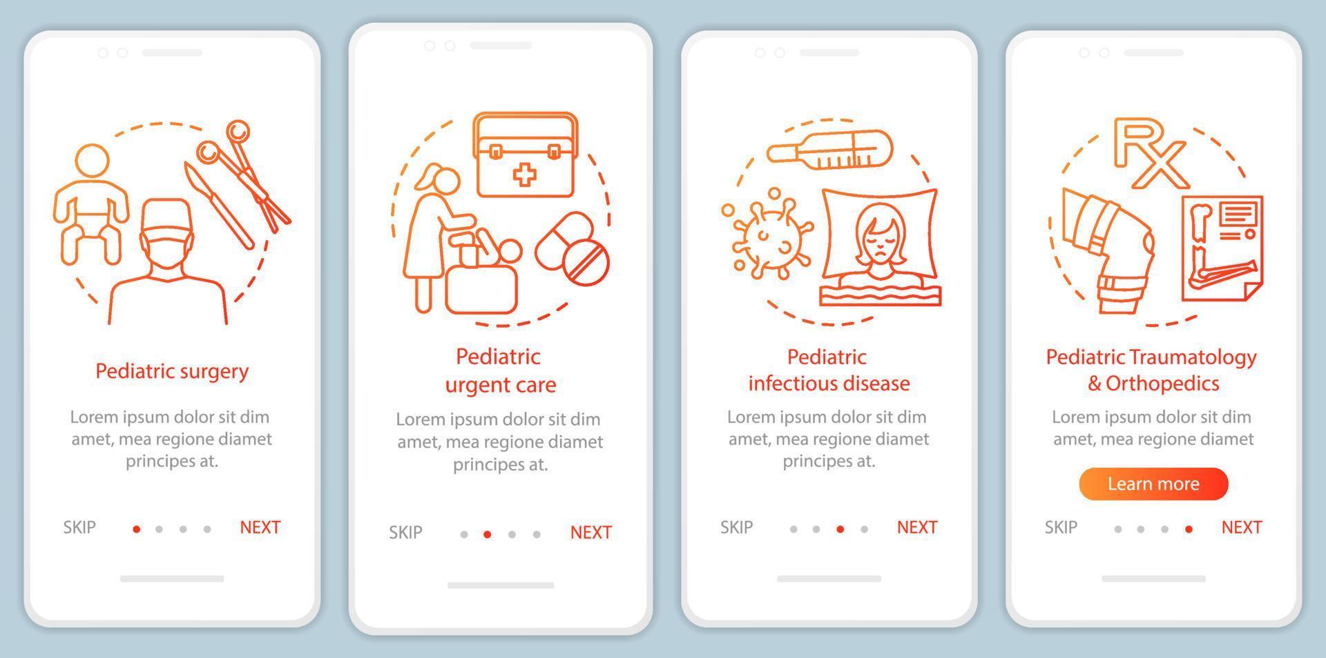 Servicios pediátricos que incorporan la pantalla de la página de la aplicación móvil con conceptos lineales. atención de urgencia, enfermedades infecciosas, ortopedia paso a paso instrucciones gráficas. ux, ui, plantilla de vector de interfaz gráfica de usuario con iconos