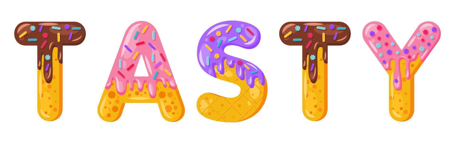 donut dibujos animados sabroso estilo de fuente negrita galleta. letras mayúsculas vidriadas. tentadora tipografía de diseño plano. galletas, letras de chocolate. Fondo blanco. pastelería, panadería, galleta, aislado, vector clipart