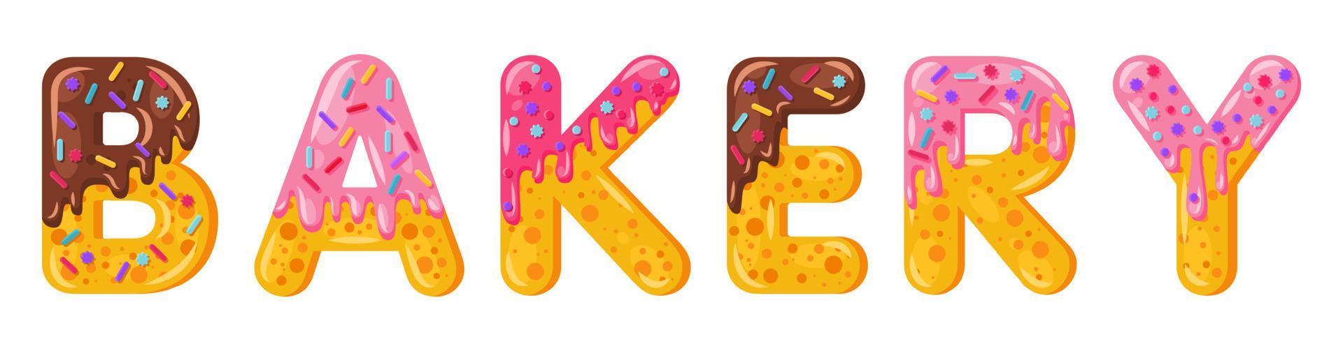 Donut cartoon bakery biscuit bold font style. Glazed capital letters. Tempting flat design typography. Cookies, chocolate letters. White background. Pastry, bakery, waffle isolated vector clipart