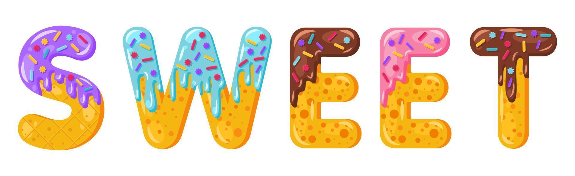 Donut cartoon sweet biscuit bold font style. Glazed capital letters. Tempting flat design typography. Cookies, chocolate letters. White background. Pastry, bakery, waffle isolated vector clipart