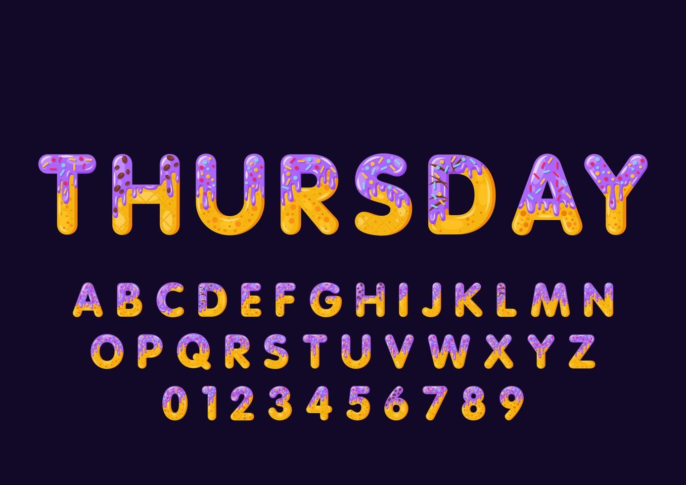 Donut cartoon thursday biscuit bold font style. Glazed capital letters, alphabet, number. Tempting flat design typography. Cookies letters. Dark violet background. Pastry isolated vector clipart